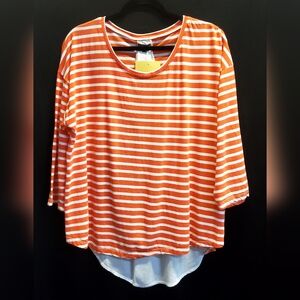 Hannah - Orange/Wht strip, scoop neck l/s with wht accent tie back blouse.